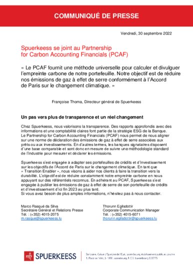 Spuerkeess tritt dem Partnership for Carbon Accounting Financials (PCAF) bei (nur französische und englische Fassung)