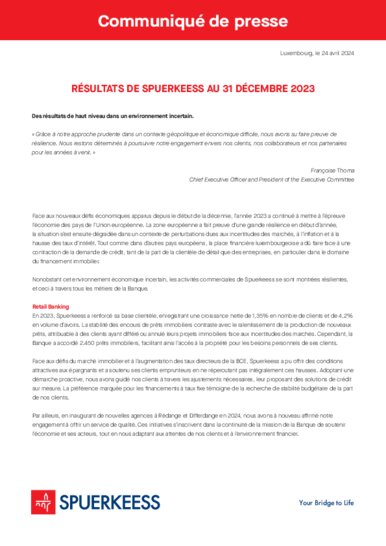 The Bank's result as at 31st December 2023 (French version only)