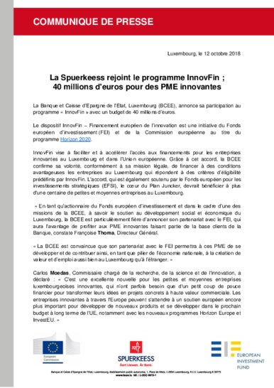 Spuerkeess joins the InnovFin programme: 40 million euros for innovative SMEs (French version only)